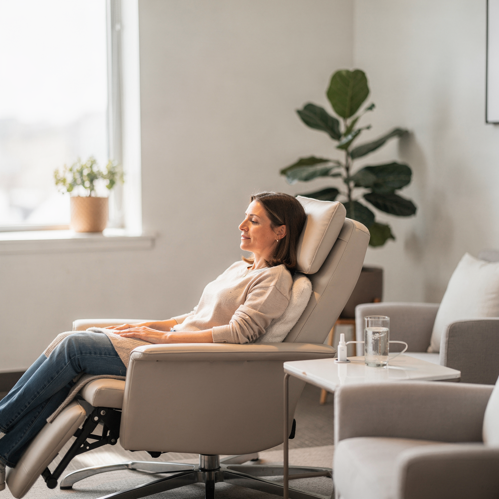 Patient relaxing in a comfortable reclining chair during Spravato treatment at Neowellnez